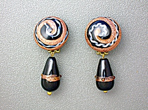 Venetian Glass Goldstone Black Clip Teardrop Earrings