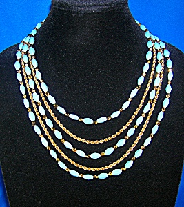 Trifari Turquoise Glass 5 Strand Crystal Necklace