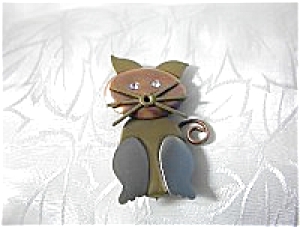 Copper Silver Goldtone Rhinestone Cat Brooch
