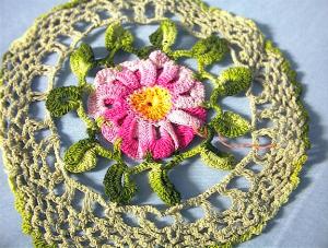 Bright Pink Flower Hand Crocheted Doiley.