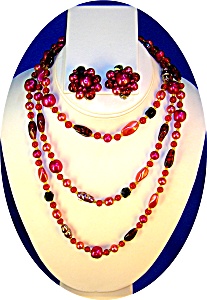 Cranberry Pearl Glass 50 Inch Necklaceearrings Japan..