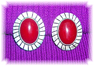 Large Mexican Sterling Silver & Coral Clip Earrings
