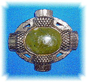 Silvertone Thistles And Jade Green Marble Brooch Pin