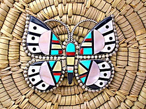 Zuni Sterling Silver Turquoise Coral Butterfly Brooch