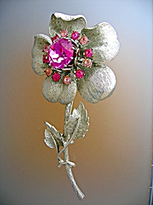 Coro Silver & Pink Crystal Flower Brooch