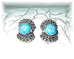 Sterling Silver & Turquoise Glass Clip Earrings