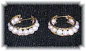 10k Gold Genuine Pearl Hoop Earrings.