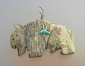 Navajo Carved Buffalo Jasper With Turquoise Pendant