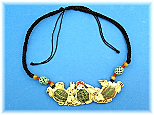 Necklace Black Cord Bone Frogs Agate Beads