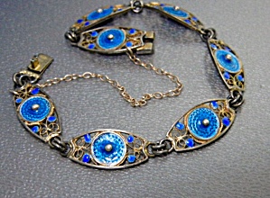 Filigree 800 Silver Blue Enamel Bracelet Safety Chain
