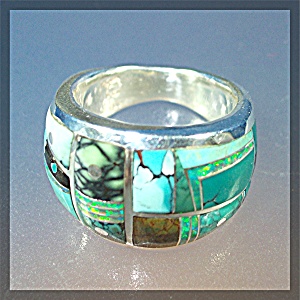 Turquoise & Opal Inlay Ring Sterling Silver Gl Miller