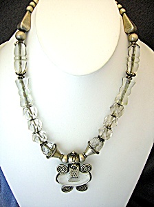 Sterling Silver Antique Carved Crystal Necklace India
