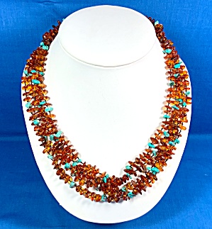 Amber And Kingman Turquoise 5 Strands Necklace