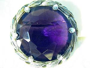 Silver Tone Leaves Amethyst Glass Brooch Pin 60s