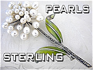 Pearl Marquisite Enamel Flower Sterling Silver Brooch