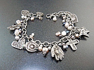 Charm Bracelet Sterling Silver Pearls Garnet Rose Quart