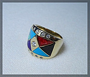 Ring 18k Gold Diamond Turquoise Coral Onyx Opal