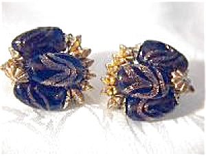 Vintage Hobe Clip Earrings Black Gold Flecked