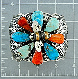 Navajo Sterling Silver Turquoise Coral Flower Bee Cuff