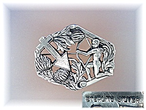 Brooch Pin Sterling Silver Cherub Cross Vintage