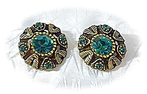 Heavy Goldtone & Emerald Glass Clip Earrings