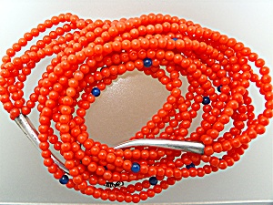 Native American Coral 4 Strands Sterling Silver Necklac