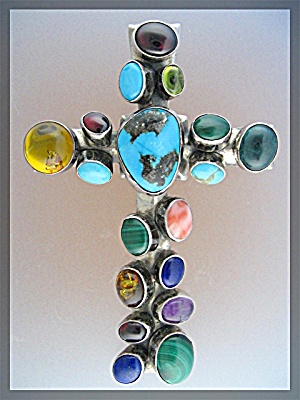 Nakai Sterling Silver Turquoise Multi Stone Large Cross