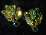 Gold and Green  Marquise Rhinestone Clip Earrings