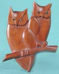 Vintage Signed Wooden Owls on Branch Pin