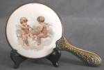 Vintage Brass & Porcelain Hand Mirror with Putti