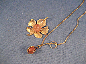 Goldtone Flower And Ball Necklace With Miniature 14kt Ring