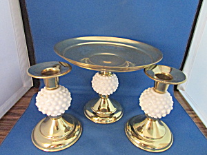 Hob Nail Milk Glass And Brass Fruit Plate And Candle Holders