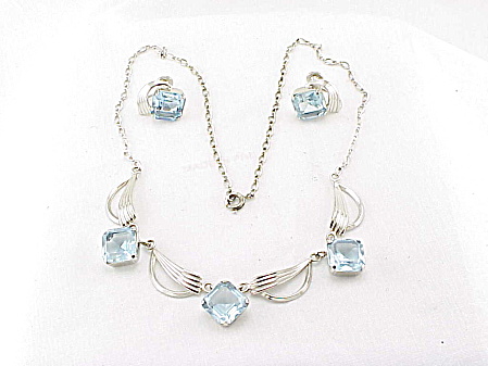 Loran Sim Sterling Silver Blue Rhinestone Necklace Earrings Set