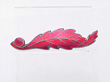 Antique Or Scandinavian Sterling Silver Red Enamel Leaf Brooch