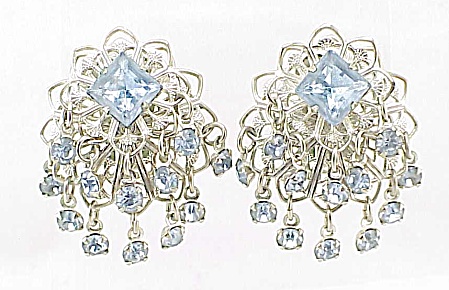 Vintage Dangling Blue Rhinestone Filigree Clip Earrings