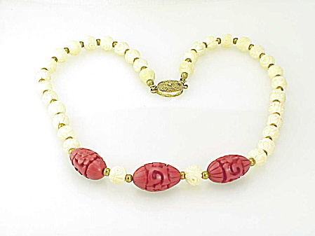 Vintage Carved Cinnabar And Faux Ivory Rose Bead Necklace
