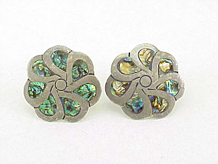 Vintage Taxco Mexico Sterling Silver Abalone Screw Back Earrings
