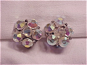 Vintage Costume Jewelry - Aurora Borealis Crystal Bead Clip Earrings