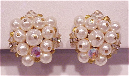 Vintage Laguna Pearl, Rhinestone And Crystal Clip Earrings
