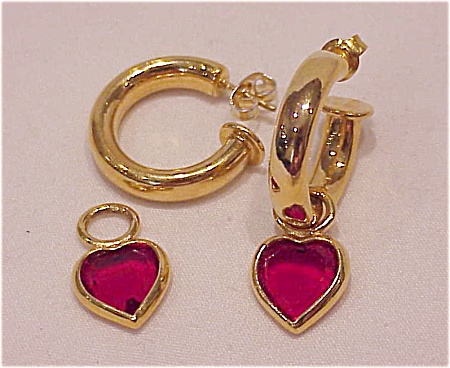 Gold Tone Hoop Pierced Earrings With Red Heart Charms
