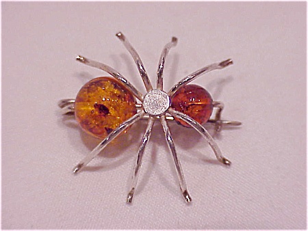 Handmade Amber Bead Sterling Silver Bug Insect Brooch