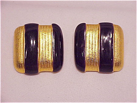 Donald Stannard Gold Tone Black Enamel Clip Earrings