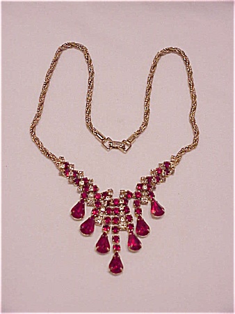 Vintage Dangling Red And Clear Rhinestone Necklace