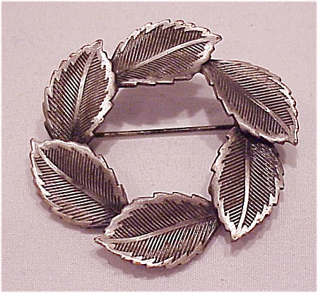 Vintage Brushed Silver Tone Circular Leaf Brooch