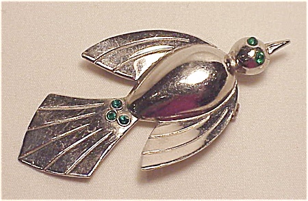 Vintage Silver Tone And Green Rhinestone Bird Brooch