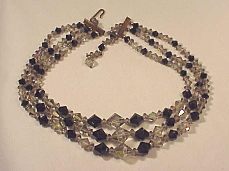 Vintage 3 Strand Black Faceted Glass And Smoke Crystal Necklace