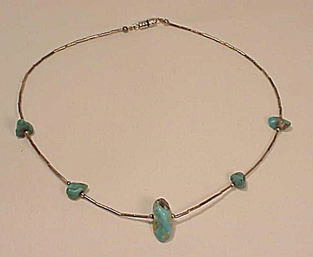 Native American Liquid Silver And Turquoise Nugget Necklace