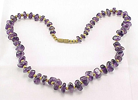 Vintage Natural Amethyst Nugget Stones And Brass Bead Necklace