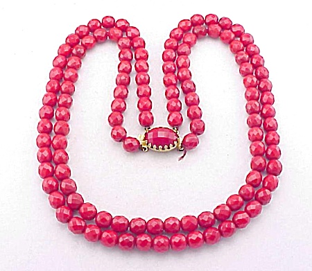 Vintage Double Strand Red Faceted Glass Bead Necklace