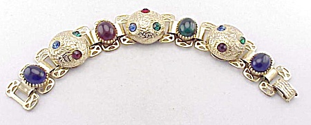 Vintage Red, Green, Blue Rhinestone And Cabachon Bracelet